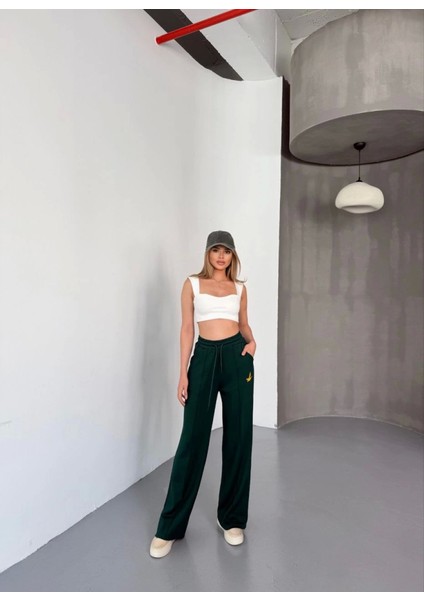Osy Modal Yumuşak Dokulu Kumaş Nakış Işlemeli Rahat Bol Paça Eşofman Pantalon - Haki