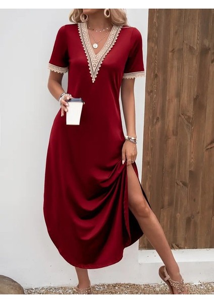 Miracotton Kadın Kısa Kollu Dantel V Yakalı Uzun Viskon Elbise indirimleri