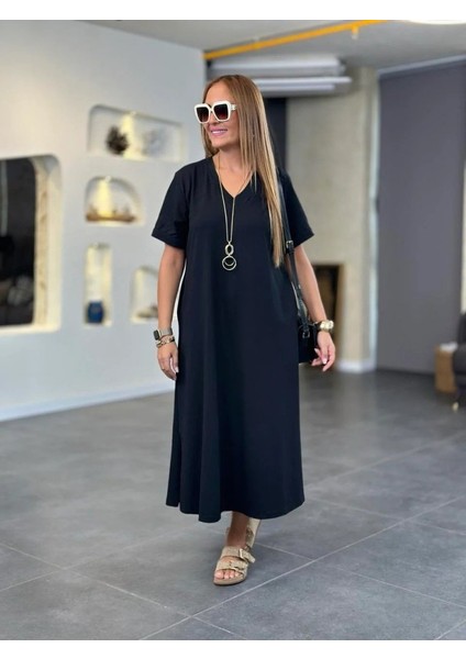 Kadın Kısa Kollu V Yakalı Cep Detaylı Uzun Viskon Iki Iplik Elbise modelleri