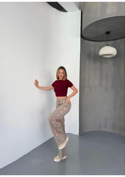 Osy Modal Yumuşak Dokulu Kumaş Nakış Işlemeli Rahat Bol Paça Eşofman Pantalon - Bej