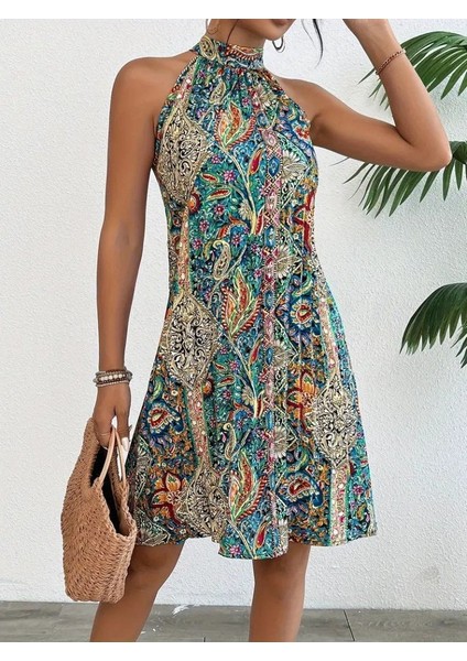 Kadın Kolsuz Boyundan Askılı Desenli Midi Süprem Elbise indirimleri