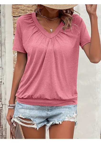 Kadın Kısa Kollu V Yakalı Büzgü Detaylı Viskon Bluz fiyatları