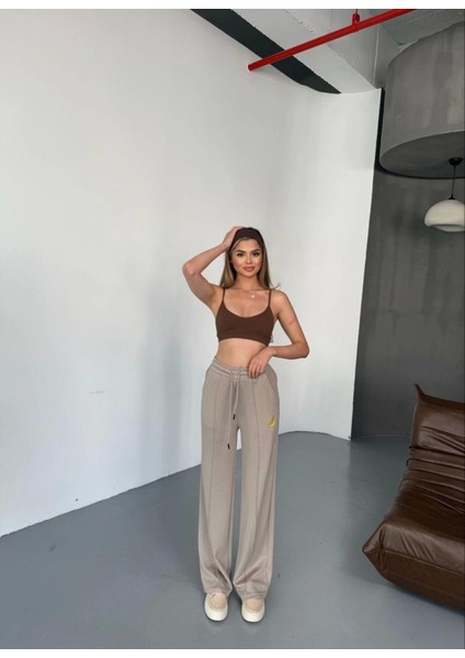 Osy Modal Yumuşak Dokulu Kumaş Nakış Işlemeli Rahat Bol Paça Eşofman Pantalon - Bej
