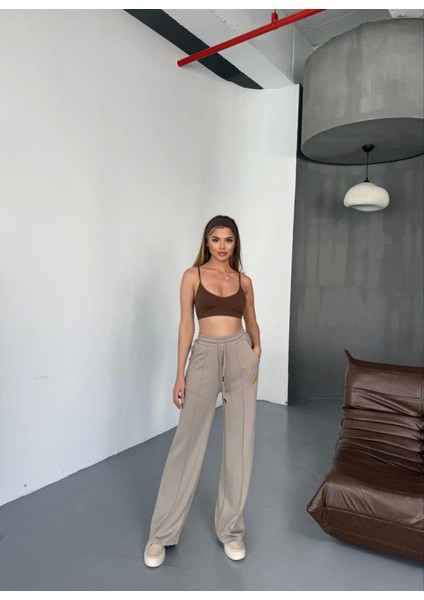 Osy Modal Yumuşak Dokulu Kumaş Nakış Işlemeli Rahat Bol Paça Eşofman Pantalon - Bej