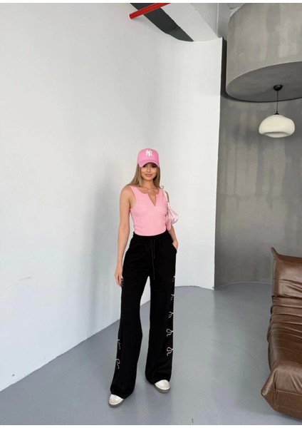 Osy Modal Yumuşak Dokulu Kumaş Nakış Işlemeli Rahat Bol Paça Eşofman Pantalon - Siyah