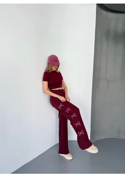Osy Modal Yumuşak Dokulu Kumaş Nakış Işlemeli Rahat Bol Paça Eşofman Pantalon - Bordo