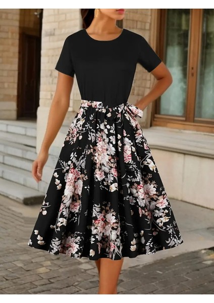 Kadın Kısa Kollu Bisiklet Yaka Çiçek Desenli Üst Viskon Alt Süprem Kısa Elbise fiyatları