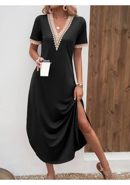 Aknbutik Kadın Kısa Kollu Dantel V Yakalı Uzun Viskon Elbise fiyatları