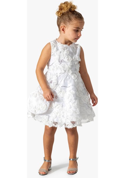 Gül Detay Peyetli Kız Çocuk Çantalı elbise - Beyaz fiyatları