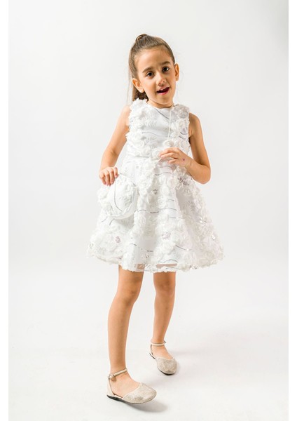 Gül Detay Peyetli Kız Çocuk Çantalı elbise - Beyaz modelleri