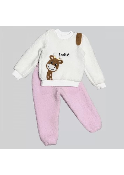 1-2-3 Yaş Hello Zürafa Nakışlı Kuzu Kumaş Sweat Pantolon Uzun Kollu Kız Erkek 2 Li Takımı