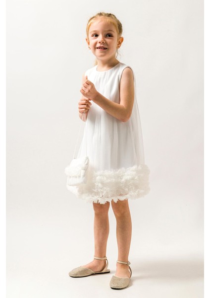 Tül Fırfır Detaylı Yaka Büzgülü Çantalı Kız çocuk elbise - Beyaz