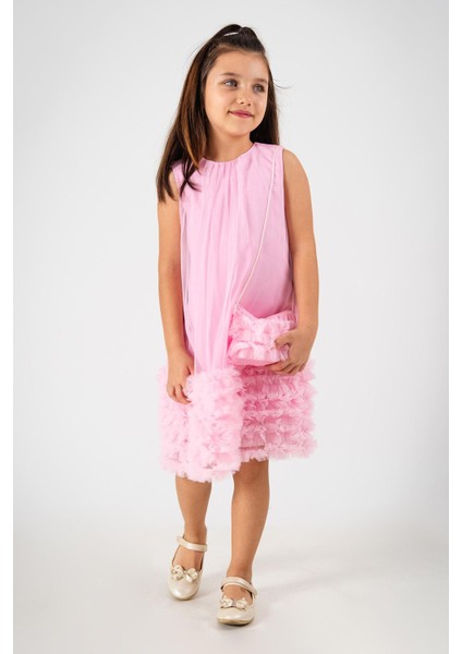Tül Fırfır Detaylı Yaka Büzgülü Çantalı Kız çocuk elbise - Pembe