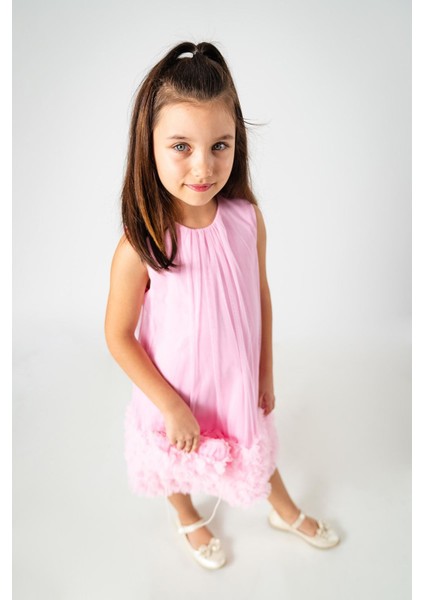 Tül Fırfır Detaylı Yaka Büzgülü Çantalı Kız çocuk elbise - Pembe fiyatları