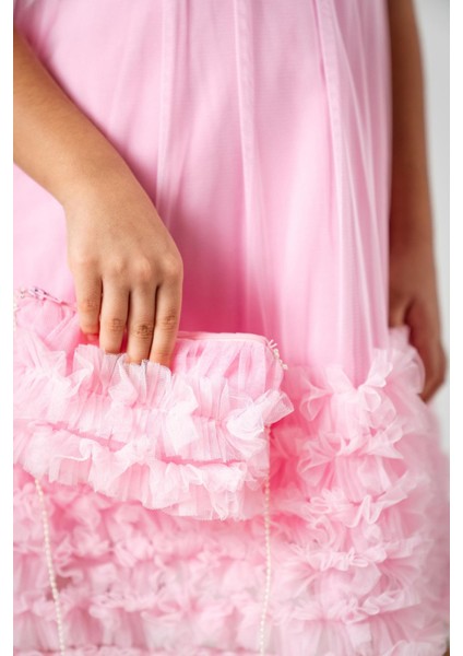 Tül Fırfır Detaylı Yaka Büzgülü Çantalı Kız çocuk elbise - Pembe modelleri