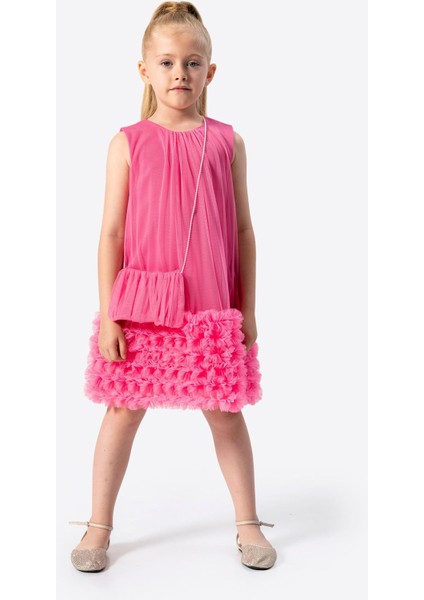 Tül Fırfır Detaylı Yaka Büzgülü Çantalı Kız çocuk elbise - Fuşya