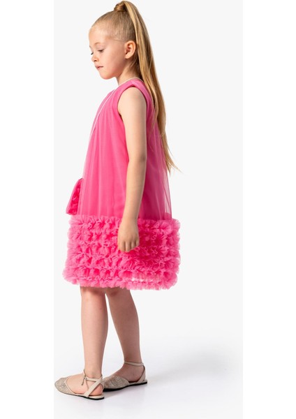 Tül Fırfır Detaylı Yaka Büzgülü Çantalı Kız çocuk elbise - Fuşya fiyatları