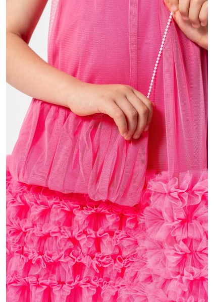 Tül Fırfır Detaylı Yaka Büzgülü Çantalı Kız çocuk elbise - Fuşya modelleri
