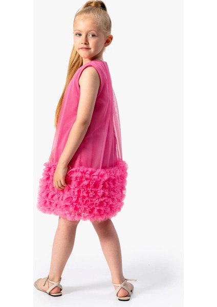 Tül Fırfır Detaylı Yaka Büzgülü Çantalı Kız çocuk elbise - Fuşya fırsatları