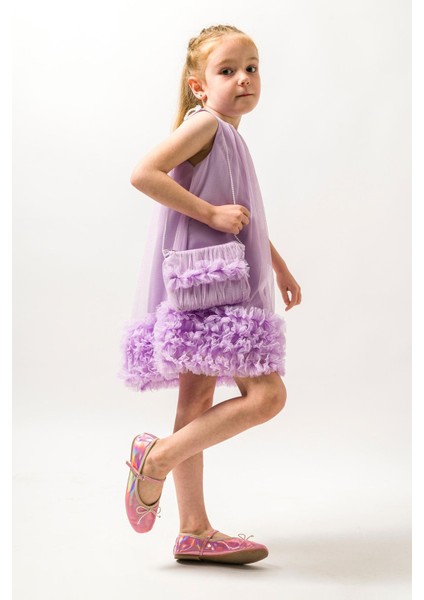 Tül Fırfır Detaylı Yaka Büzgülü Çantalı Kız çocuk elbise - Lila