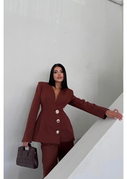 Tasarım Ceket-Pantolon Takım Metal Düğme Detaylı - Kahverengi