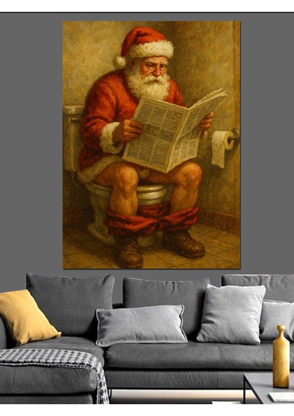 Tuvalette Gazete Okuyan Noel Dekoratif Kanvas - Mdf Ahşap Tablo