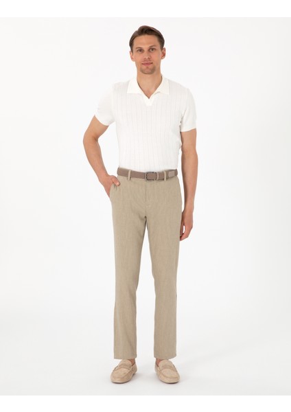 Erkek Haki Slim Fit Keten Karışımlı Çizgili Kanvas Pantolon 50301754-VR027