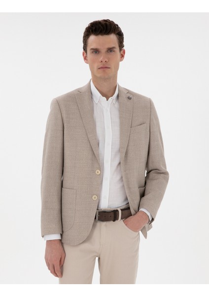 Erkek Bej Slim Fit Yün Keten Karışımlı Ceket 50302234-VR011