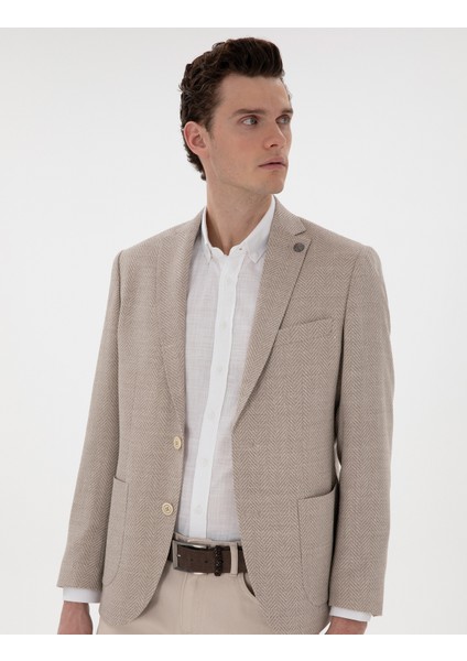 Erkek Bej Slim Fit Yün Keten Karışımlı Ceket 50302234-VR011