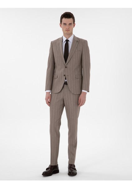Erkek Açık Kahverengi Ex. Slim Fit Yün Keten Karışımlı Çizgili Takım Elbise 50303824-VR002