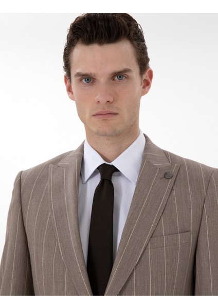 Erkek Açık Kahverengi Ex. Slim Fit Yün Keten Karışımlı Çizgili Takım Elbise 50303824-VR002 fiyatları