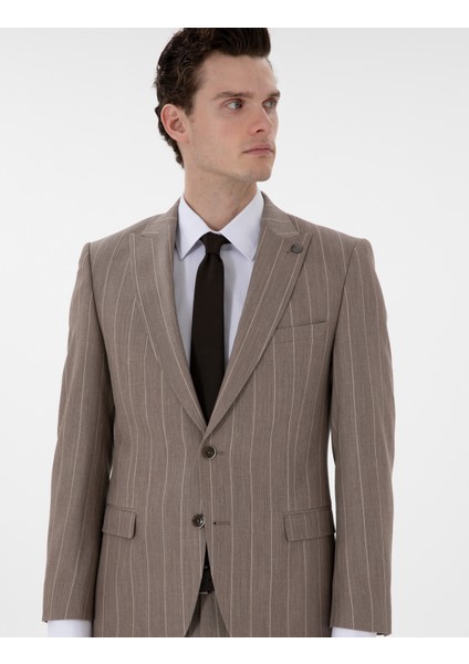 Erkek Açık Kahverengi Ex. Slim Fit Yün Keten Karışımlı Çizgili Takım Elbise 50303824-VR002 modelleri