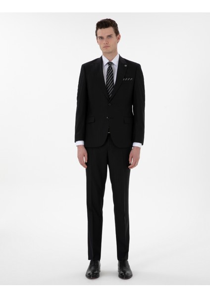 Erkek Siyah Slim Fit Çizgili Yün Takım Elbise 50302278-VR046