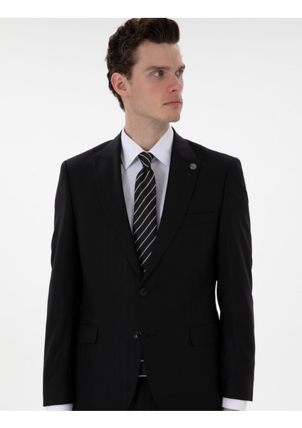 Erkek Siyah Slim Fit Çizgili Yün Takım Elbise 50302278-VR046 modelleri