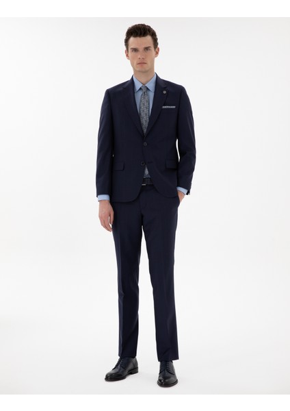 Erkek Lacivert Slim Fit %100 Yün Ekose Takım Elbise 50302241-VR033