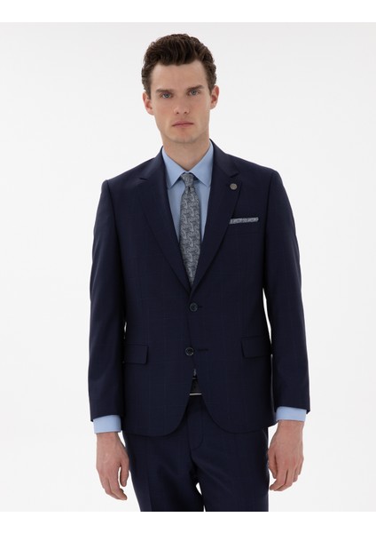 Erkek Lacivert Slim Fit %100 Yün Ekose Takım Elbise 50302241-VR033 fiyatları