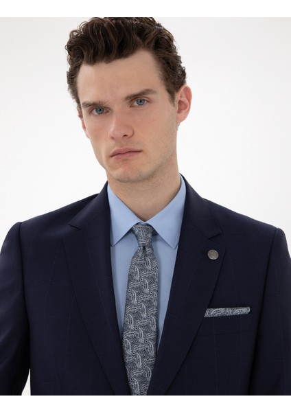 Erkek Lacivert Slim Fit %100 Yün Ekose Takım Elbise 50302241-VR033 modelleri