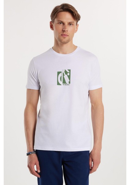 Erkek Slim Fit Dar Kesim %100 Pamuk Yumuşak Dokulu Baskılı Beyaz Bisiklet Yaka Tişört