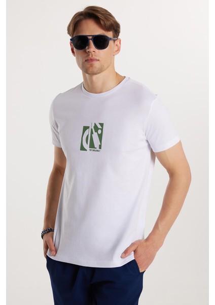 Erkek Slim Fit Dar Kesim %100 Pamuk Yumuşak Dokulu Baskılı Beyaz Bisiklet Yaka Tişört fırsatları