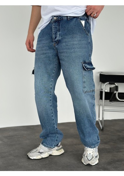 Erkek Baggy Fit Kargo Cepli Jean Kot Pantolon Mavi