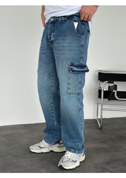 Erkek Baggy Fit Kargo Cepli Jean Kot Pantolon Mavi fiyatları