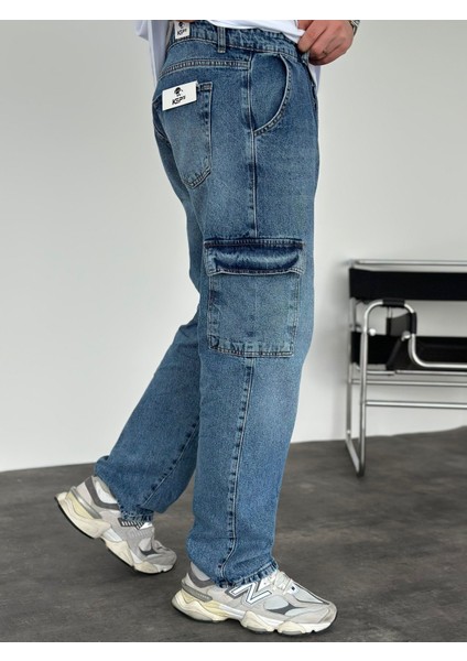 Erkek Baggy Fit Kargo Cepli Jean Kot Pantolon Mavi modelleri