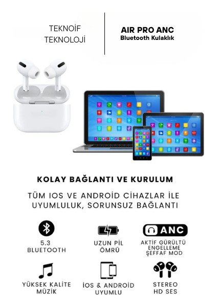 Air Pro Anc Gürültü Engelleyici Bluetooth Kulaklık Ios ve Android Uyumlu Kablosuz Kulaklık fırsatları
