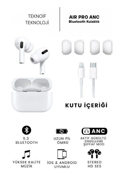 Air Pro Anc Gürültü Engelleyici Bluetooth Kulaklık Ios ve Android Uyumlu Kablosuz Kulaklık indirimleri