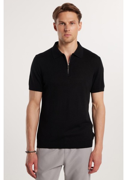 Erkek Slim Fit Dar Kesim Pamuklu Örme Triko Fermuarlı Siyah Polo Yaka Tişört fırsatları