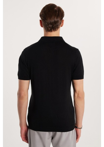 Erkek Slim Fit Dar Kesim Pamuklu Örme Triko Fermuarlı Siyah Polo Yaka Tişört indirimleri