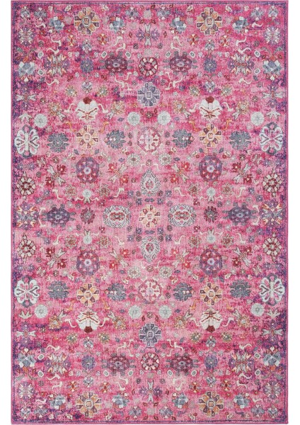Private Fuşya Eskitme Vintage Halı Çiçek Desen Otantik Şönil Halı Yıkanabilir Salon Halısı