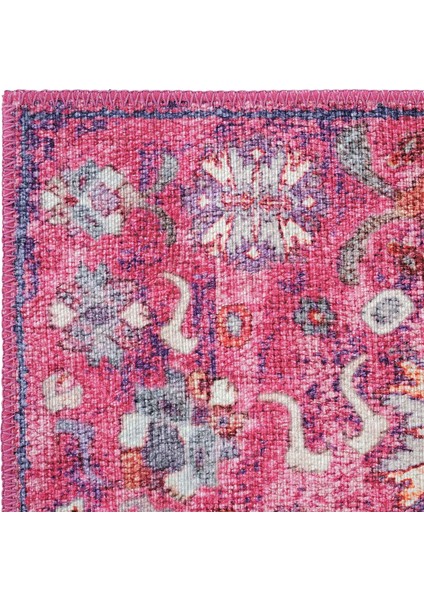 Private Fuşya Eskitme Vintage Halı Çiçek Desen Otantik Şönil Halı Yıkanabilir Salon Halısı