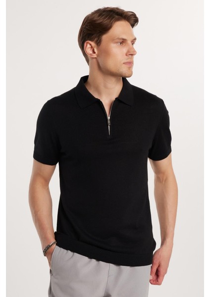 Erkek Slim Fit Dar Kesim Pamuklu Örme Triko Fermuarlı Siyah Polo Yaka Tişört