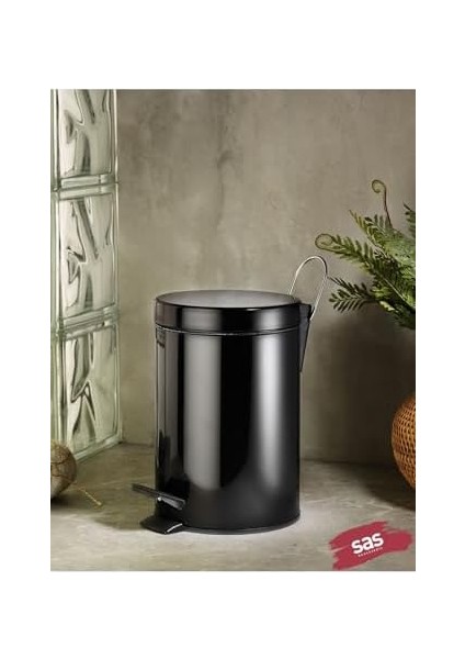 Haus Banyo Tuvalet Balkon Mutfak, Siyah Renkli Pedallı Metal Çöp Kovası 5 Litre